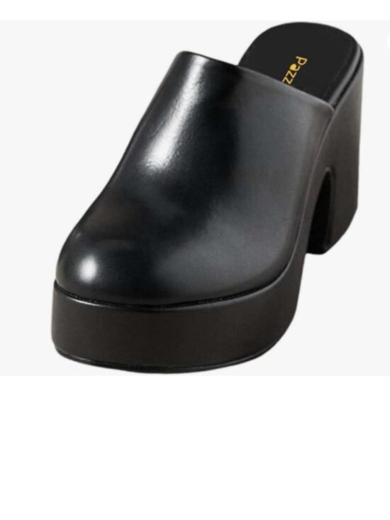 Pazzion Shoes - Pazzion Black Platform Round Toe Mule Clogs Slip On Chunky High Heels Slippers